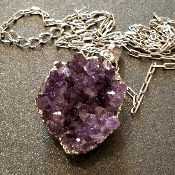 Purple Amethyst Druzy Crystal Silvertone Necklace - Picture 3 of 7